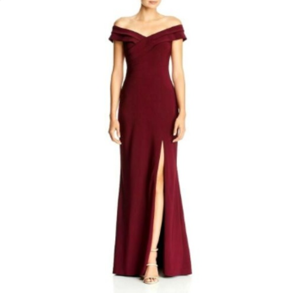 Aqua Off-the-Shoulder Pleat-Detail Gown, Wine